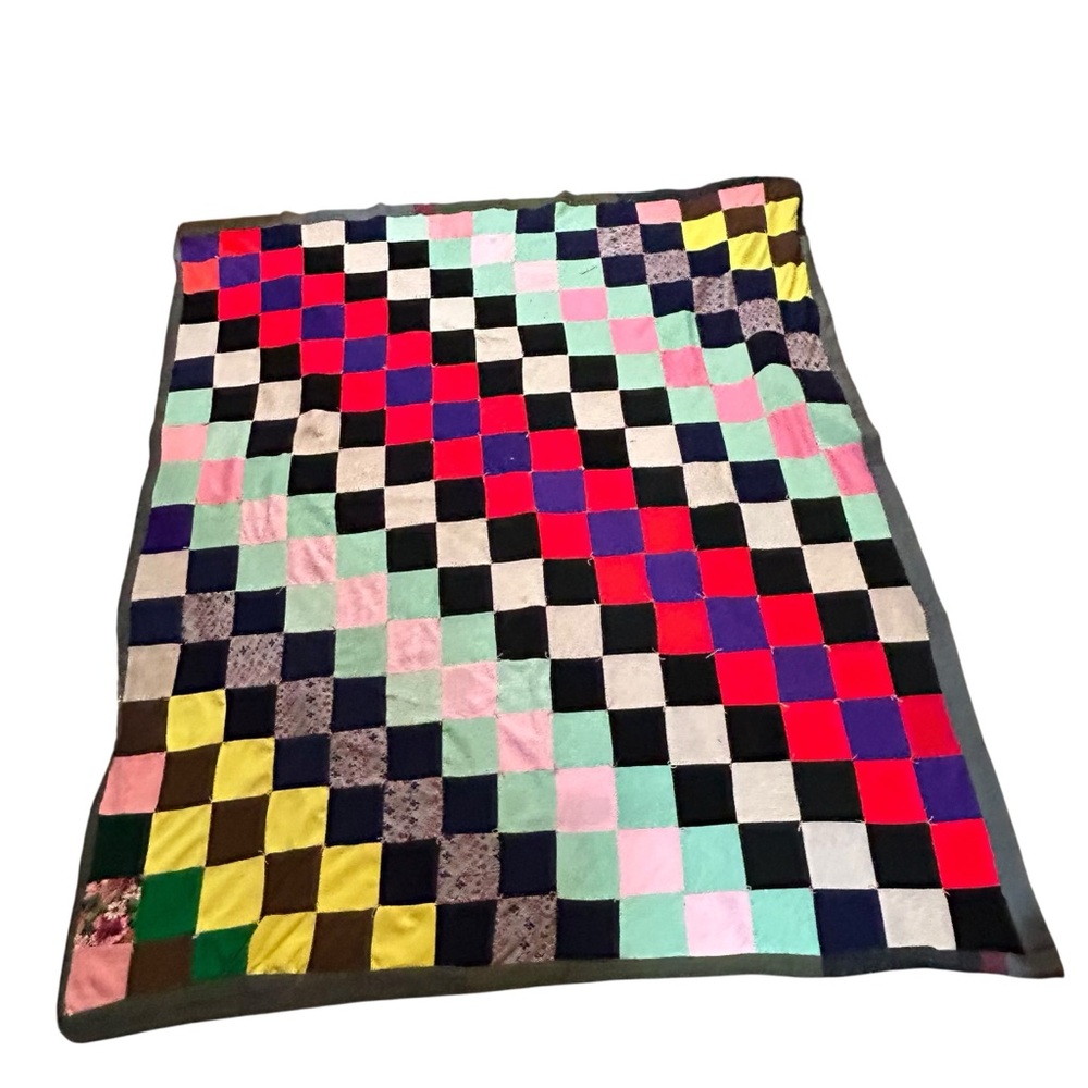 Vintage 70s Handmade Multi Color Block Patchwork Granny Square Blocks Quilt